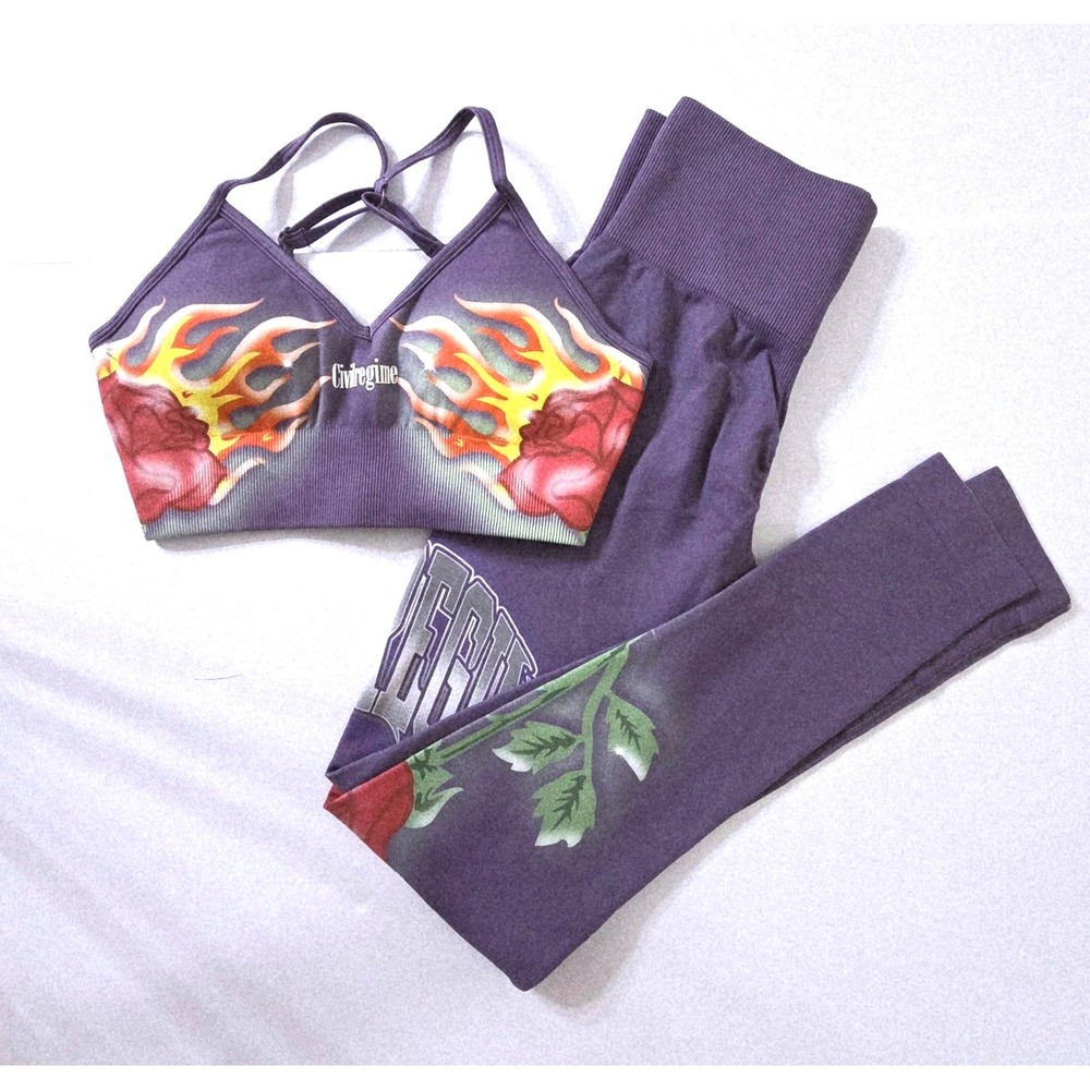 Civil Regime Rose Flame Bralette & Leggings Set Women Purple Ribbed High Waisted